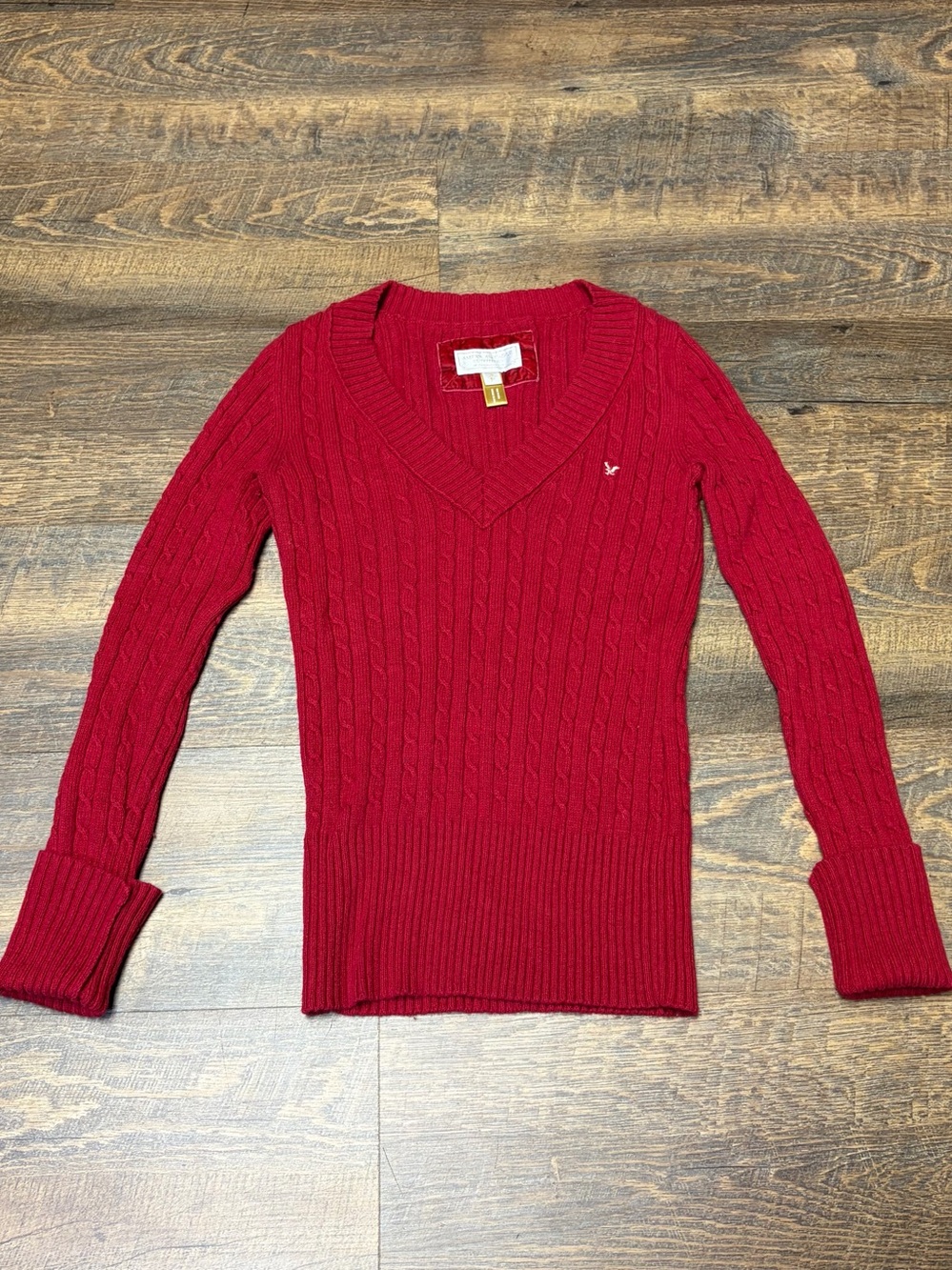American Eagle Y2K Cable Knit Sweater Small Red Wool Angora V-Neck Holiday Retro